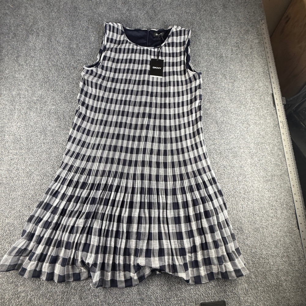 DKNY Navy White Gingham Pleated Sleeveless Shift Dress DD0AD113 Size 18
